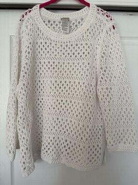 Chicos Women’s White Open-Knit Sweater - Lightweight Crochet Pullover